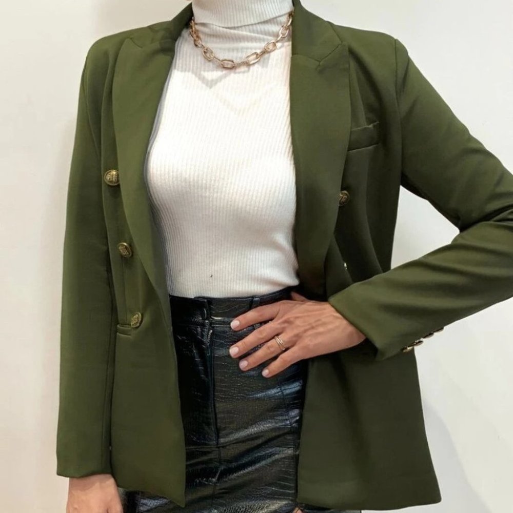Lapel Collar Double Breasted Blazer  Army Green - Picture 2 of 8